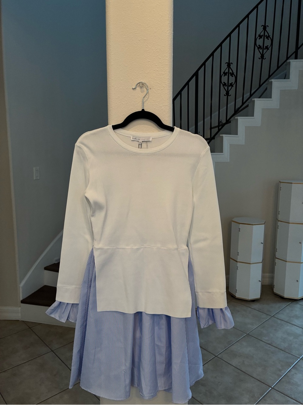 English Factory White Dress with Light Blue Striped Peplum Hem